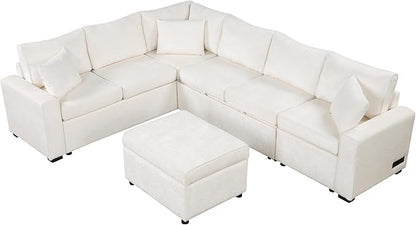 112" Luxurious Pull-out Sofa Bed Sleeper with Storage Ottoman,Sectional Sleeper Couch W/ 3 Pillows,2 USB ports & 2 Power Sockets,Corner Furniture Set for Living Room Large Space,Cream Chenille