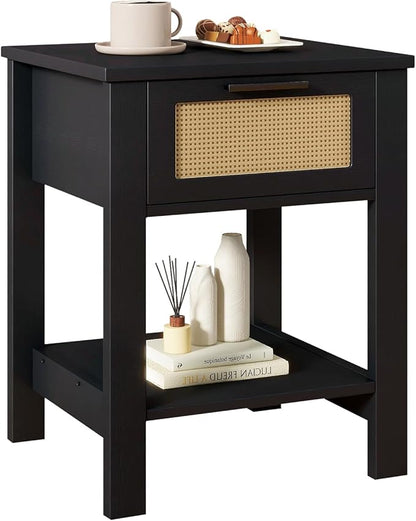 IBUYKE Rattan Nightstand, Boho Night Stand with Drawer, Wood Bedside Tables with Storage Shelf, End Table with Legs for Bedroom, Black UWNS011B