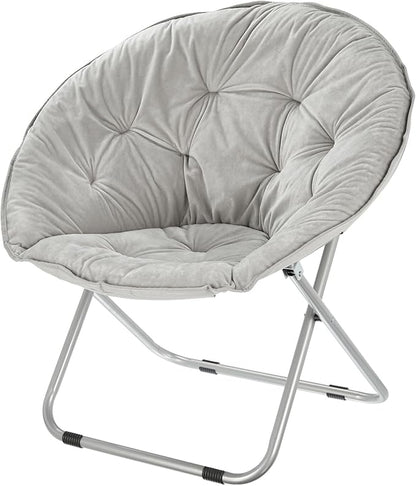 mDesign Urban Papasan Folding Moon Chair - Large Saucer UFO Chair with Collapsible Metal Frame - Fuzzy Foldable Dish Seat for Home Office, Living Room, Dorm Room, and Bedroom - Gray/Silver