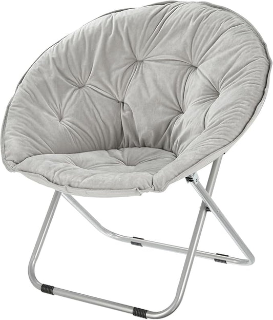 mDesign Urban Papasan Folding Moon Chair - Large Saucer UFO Chair with Collapsible Metal Frame - Fuzzy Foldable Dish Seat for Home Office, Living Room, Dorm Room, and Bedroom - Gray/Silver