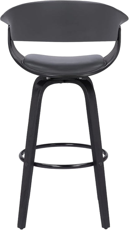 Armen Living Julyssa Mid Century Modern Swivel Bar Stool for Kitchen Island Counter in Gray Faux Leather and Black Wood, 26" Seat Height