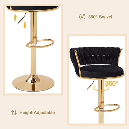 VECELO Bar Stools Set of 4, Modern-Contemporary Velvet Woven Counter Height Stools with Back and Arms, 360 Swivel Bar Chair, Black