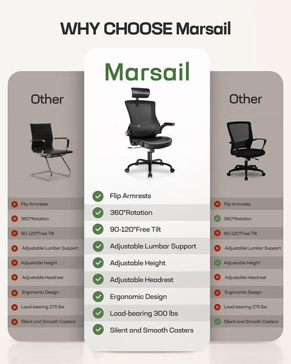 Marsail Office Chair Ergonomic Desk Chair, 360°Swivel Mesh Back Wide Computer Chair PU Leather Criss Cross Chair,Adjustable Lumbar Support & Flip-up Armrests,Adjustable Height Executive Task Chair