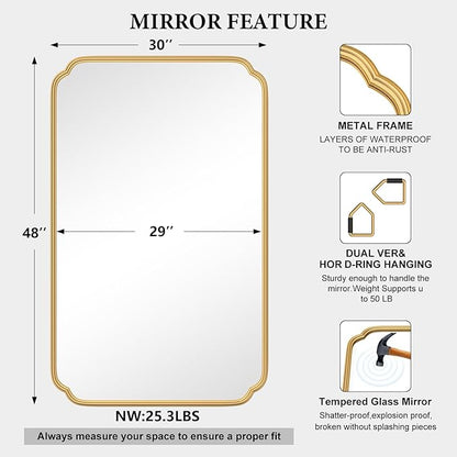 30"x48" Gold Bathroom Mirror for Wall, Large Brass Gold Bathroom Vanity Mirror for Over Sink, Rounded Rectangle Mirror in Premium Iron Metal Frame Hangs Horizontal Or Vertical