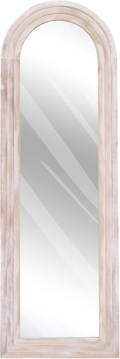 Arched Full Length Mirror with Solid Wood Frame, 65x22 Farmhouse Wall Mirror Full Length with Stand, Vertical Hanging, Leaning Standing for Bedroom, Living Room, Rustic White