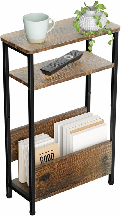 7.1" Narrow Side Table for Small Spaces, 3 Tier Small End Table with Magazine Holder, Slim/Skinny Nightstand/Bedside Table for Living Room, Bedroom, 15.4" L x 24.2" H
