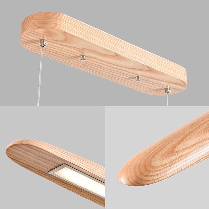 39" 24W Wood LED Linear Pendant Light Fixture Led Dining Room Light Dimmable Hanging Light Fixture for Dining Room Kitchen Island Pool Table Lights Natural Wood Color