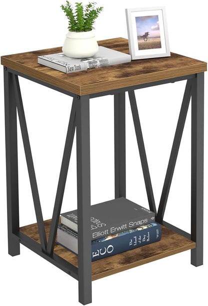 EXCEFUR End Table, Square Side Tables for Living Room, Industrial Metal and Wood Nightstand for Bedroom, Rustic Brown