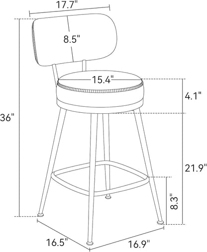 Counter Height Bar Stools, 26" H Swivel Barstools Set of 4, Faux Leather Kitchen Counter Stools with Back and Stylish Stitching, Metal Frame, Pub, Home Bar, Whisky Brown