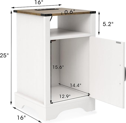 RoyalCraft Set of 1 Farmhouse Nightstand, White End Table with Charging Station, Tall Bedside Table with Large Storage Room and Shelf, Wooden Rustic Nightstand for Bedroom, Home Office