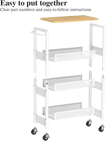 Utility Slim Storage Cart, 4-Tier Narrow Bathroom Organizers and Storage Cart, Narrow Metal Kitchen Laundry Room Organization Shelf with Wood Top, Slim Rolling Carts with Wheels for Small Space