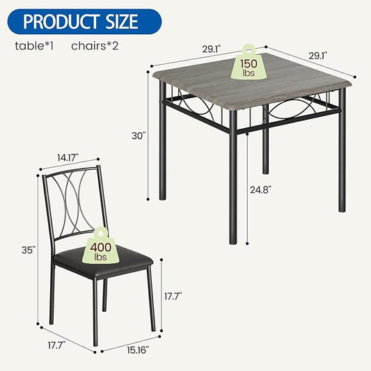 IDEALHOUSE Dining Table Set for 2, Square Dinner Table Sets with 2 Upholstered Chairs, Small Kitchen Table and Chairs for 2, Corner Dining Room Table Set for Apartment, Small Space, Dinner, Retro Gray