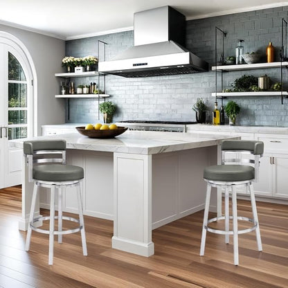 Armen Living Madrid 26" Counter Height Swivel Modern Gray Faux Leather and Brushed Stainless Steel Bar Stool for Kitchen Island Counter