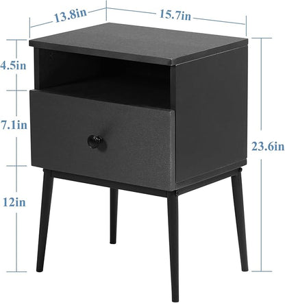 VECELO 2-Tier Nightstands Bedside Table with Storage Drawer and Open Wood Shelf, End Table for Living Room, Bedroom and Small Spaces, Night Stand with Metal Legs, Easy Assembly