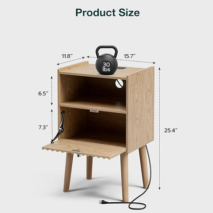 Side Table with Charging Station, Modern End Table with Fluted Drawer, Bedside Table, Night Stand with 2 Tiers Storage Space, for Bedroom, Living Room, Oak
