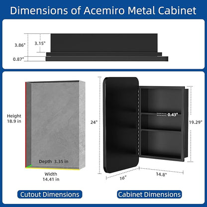 16x24 Inch Black Mirror Medicine Cabinet Metal Framed Recessed Wall Mounted Bathroom Medicine Cabinet with Mirror and Storage