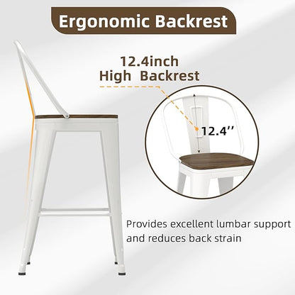 26” Swivel Bar Stools Set of 4, Counter Height Bar Stools Wooden Seat, Metal Industrial Bar Chairs with High Back for Kitchen Island (White)
