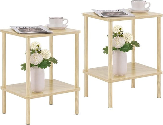 Apicizon 2 Tier End Table Set of 2, Small Side Table with Solid Wood Legs, Boho Bedside Table with Storage Shelf, Nightstand for Small Spaces, Bedroom, Living Room, Entryway, Light Natural