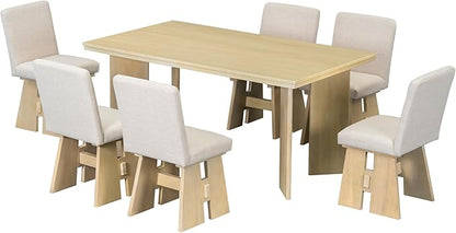 Ball & Cast Modern 7-Piece Dining Table Set with 6 Upholstered Chairs,Wood Tables Sets w/Space-Saving Design,Kitchen Furniture Suitable Big Family Gatherings,Natural
