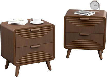 COSIEST Mid-Century Nightstand, Vintage Accent Furniture w 2 Storage Drawers, Modern End Table w Striped Pattern, Wood Small Accent Table for Bedroom, Living Room(Brown,2 Pieces)
