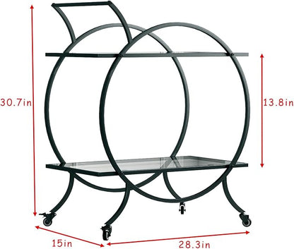 Industrial Bar Carts for The Home Bar Serving Cart, Rolling Bar Cart Black with Lockable Caster Wheels, Glass Bar Carts with 2 Mirrored Shelves, Storage Wine Carts for Kitchen, Party