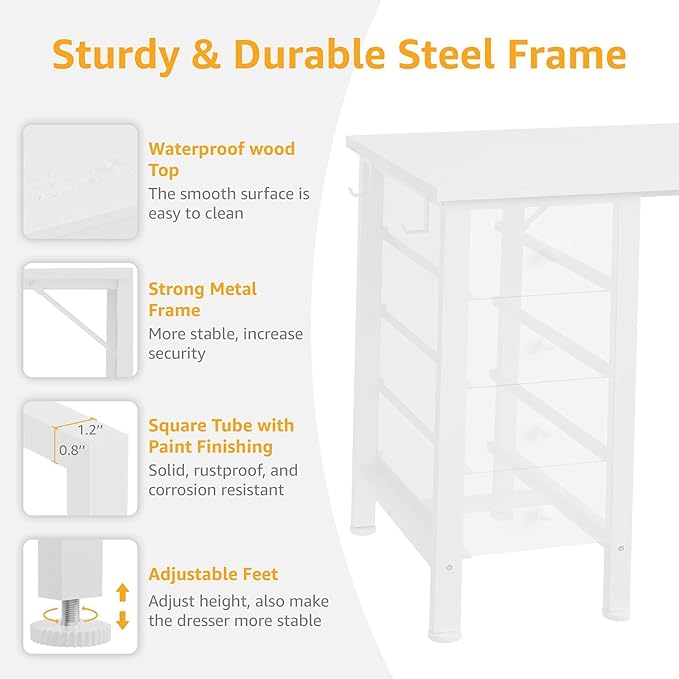 White Computer Desk with Drawers on Both Sides for Home Office, 55 inch Girls Teens Desks with Storage Writing Study Table for Bedroom, Makeup Vanity Desks Without Mirror,8 Fabric Drawer