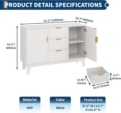 Garvee 47.2" Fluted Buffet Cabinets with Storage, Sideboard Storage Cabinet with 3 Drawers and 2 Doors, Modern Mid Century TV Stand Coffee Bar Furniture for Living Room, Kitchen, Entryway- White