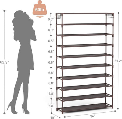 10 Tiers Shoe Rack 50 Pairs Large Capacity Tall Shoe Organizer Sturdy Shoe Storage with Two Hooks Space Saving Metal Wide Shoe Rack for Closet, Entryway, Bedroom, Brown