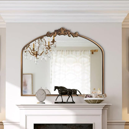 Gold Wall Mirror, Large Arched Vintage Baroque Ornate Mirrors, Traditional Decorative Antique Brass Mirror for Entryway Table, Living Room, Bedroom, Bathroom Vanity, Fireplace (30” x 36”)