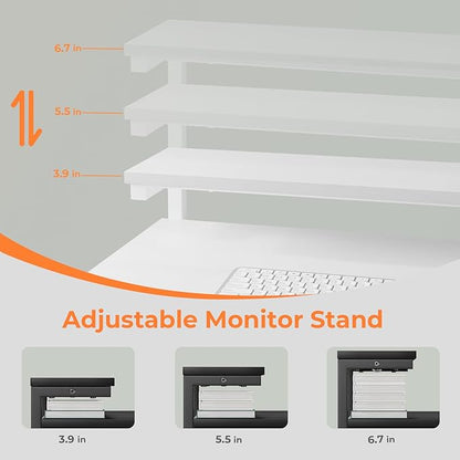 Computer Desk with Adjustable Monitor Stand, 47.2 in Small Desk with Reversible Storage Shelves, Office Desk with Spacious Desktop Spaces for Home Bedroom Workstation, White