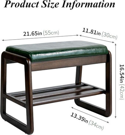 Shoe Bench, Entryway Bench with Leather Cushion, Solid Wood Shoe Rack, Mid Century Modern Bench, Shoe Storage, Shoe Organizer for Entryway (Green, 21.7" W)