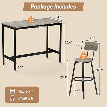 Dining Table Set for 6, 7-Piece Bar Table Set, Kitchen Table and Chairs, Counter Height High Top Table with 6 PU Upholstered Stools, Space-Saving Pub Tables Set for Small Space, Grey