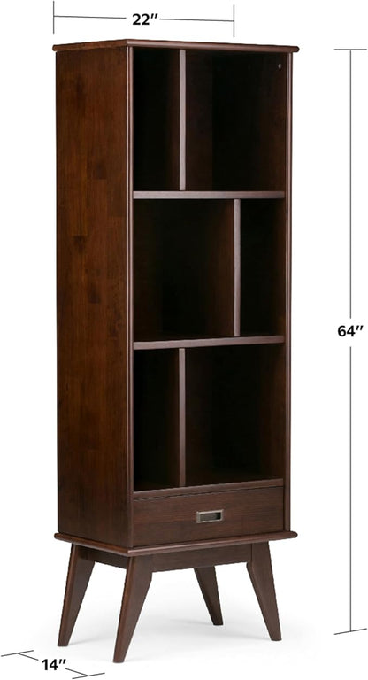 SIMPLIHOME Draper Bookcase - 64 inch Tall Solid Hardwood Storage Bookshelf in Medium Auburn Brown, Mid-Century Modern Storage for Living Room, Study or Office with Adjustable Shelves and Angled Legs