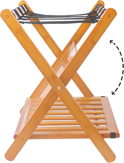 Pack of 2 Fully Assembled Bamboo Luggage Racks with Shoe Shelf, 5 Heavy-Duty Straps Folding Suitcase Stand, Luggage Holders for Guest Room Must Haves, Ideal for Bedroom, Hotel, Honey Oak