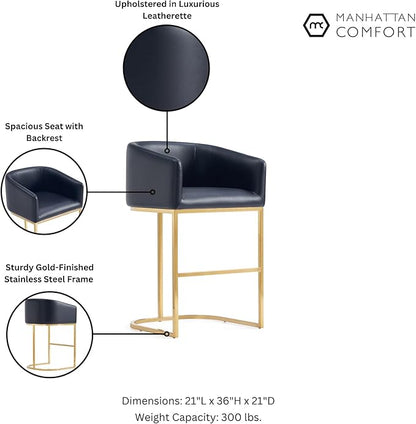 Manhattan Comfort Louvre 26 Inch Mid Century Modern Counter Height Bar Stools - Elegant Faux Leather Padded Seat, Stainless Steel Base with Footrest, Fully Assembled Barstools, Set of 1, Black & Gold