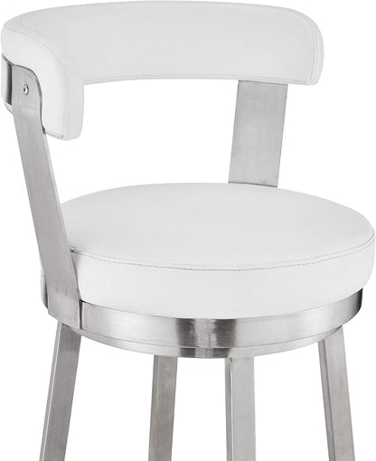 Armen Living Bryant Modern 30" Seat Height White Faux Leather and Brushed Stainless Steel Metal Swivel Bar Stool for Kitchen Island Counter