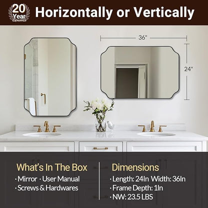 ANDY STAR Bathroom Vanity Mirror, 24x36 Inch Matte Black Mirror, Modern Rectangle Mirrors for Bathroom, Asymmetrical Wall Mirror with Scalloped Round Corner