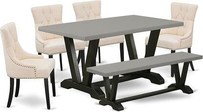 East West Furniture V696FR102-6 6 Piece Dining Set Contains a Rectangle Dining Room Table with V-Legs and 4 Light Beige Linen Fabric Upholstered Chairs with a Bench, 36x60 Inch, Multi-Color
