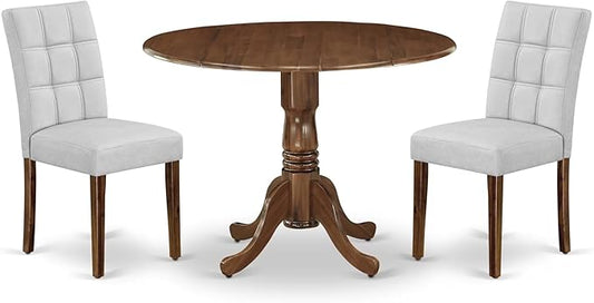 East West Furniture DLAS3-AWA-27 3 Piece Mid Century Modern Dining Set contain A Wood Table and 2 Light Gray Polyester Fabric Mid Century Modern Dining Chairs, Antique Walnut
