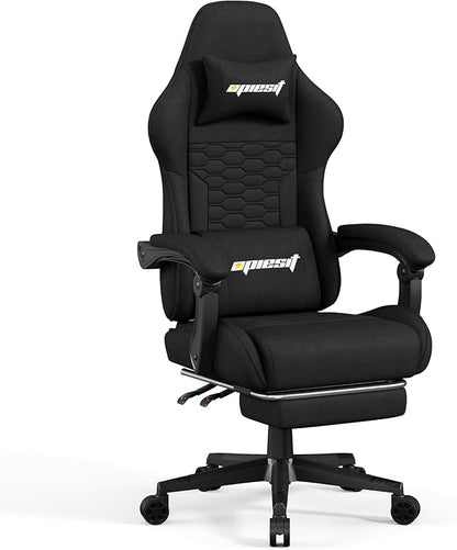 Gaming Chair, Computer Chairs for Adults with Lumbar Support and Massager, Comfortable Gamer Chair with Footrest & Pocket Spring Cushion, Ergonomic Home Office Chair, Black, Fabric