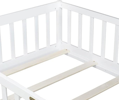 Twin Floor Bed Frame with Slats and Safety Guardrail, Wood Twin Size Montessori Floor Bed with Door and Fence, Easy Assemble Montessori Beds for Kids, Girls, Boys, White