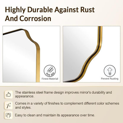 30"x40" Gold Scalloped Mirror, Large Gold Irregular Bathroom Vanity Mirror, Anti-Rust Asymmetrical Mirrors for Wall, Wall Mounted Vertical or Horizontal, Weigh 30.5Lb