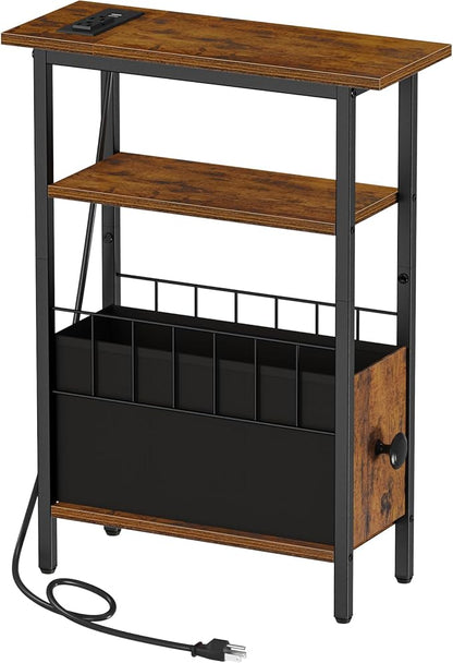 Snughome Narrow Side Table with Charging Station, Slim End Table for Small Spaces, 3 Tier Skinny Nightstand with Drawer, Sofa Beside Table with Storage Shelf for Living Room Bedroom