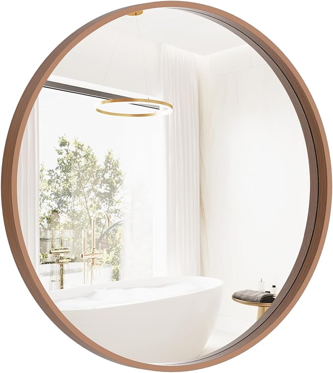 HOMECOOKIN Round Wood Mirror, 24" Round Bathroom Wall Mirror Circle Mirrors for Wall Decor, Vanity, Living Room, Bedroom, Entryway, Walnut