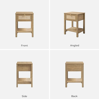 SICOTAS Rattan Nightstand Set of 2, Rattan Decor Drawer with Brass Knobs Night Stand Bedside Table Boho End Tables Side Tables with Storage Shelf for Bedroom,Small Space