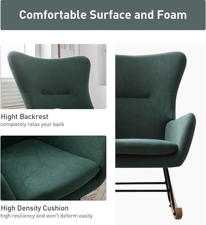 Phoenix Home Rocking Chair Nursery Velvet Upholstered Glider Rocker Rocking Accent Chair Padded Seat with High Backrest Armchair Comfy Side Chair for Living Room Bedroom Offices, Green