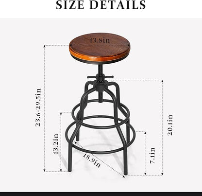 LOKKHAN Vintage Industrial Barstools - 13.8" Dia Round Wooden Brown Seat - Black Metal Base - Adjustable Height: 23.6"-29.5" / Minimalist Design/Raw Rustic Look/Rotating Top Bar Chairs, Set of 2