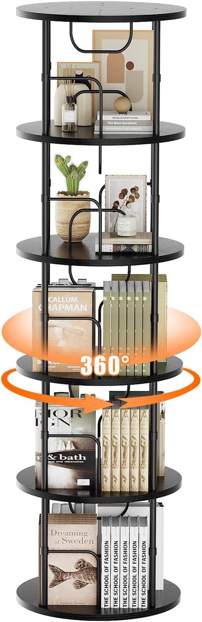 5 Tier Rotating Bookshelf, 360 ° Display Stackable Spinning Bookshelf Tower, Corner Bookshelf Tall Floor Standing Swivel Bookcase Narrow Storage Organizer for Bedroom, Living Room, Black