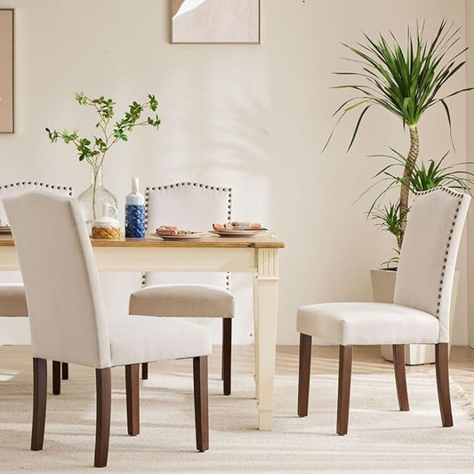 Kitchen Chairs Set of 6 Modern Upholstered Fabric Seat with Nailhead Trim and Ergonomic Lumbar Support for Living Room and Rustic Farmhouse Dining Area, Beige