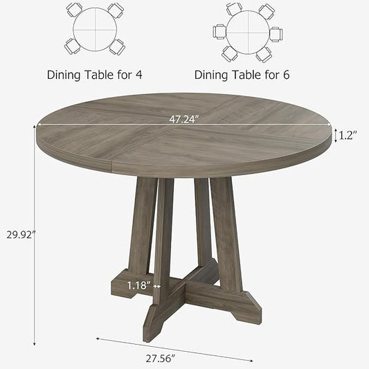 GarveeHome Round Dining Table for 4,Kitchen Dining Room Circle Dinner Pedestal Table,Space Saving Wood Kitchen & Dining Room Furniture,Grey 47-inch Diameter